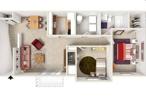 Floor plan for 2 beds, 1 bath, 935 sqft